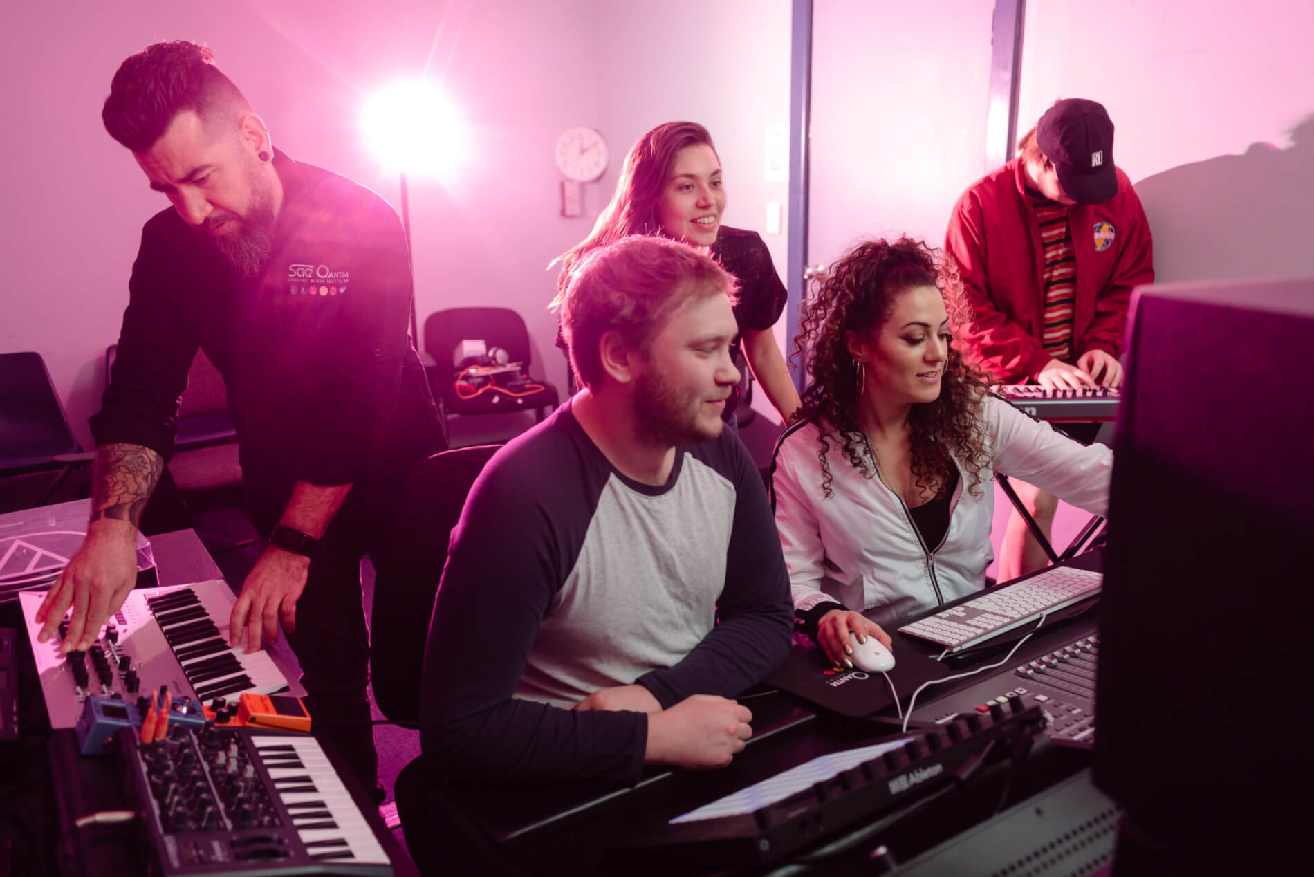 Group of Students and Lecturer at Audio Desk